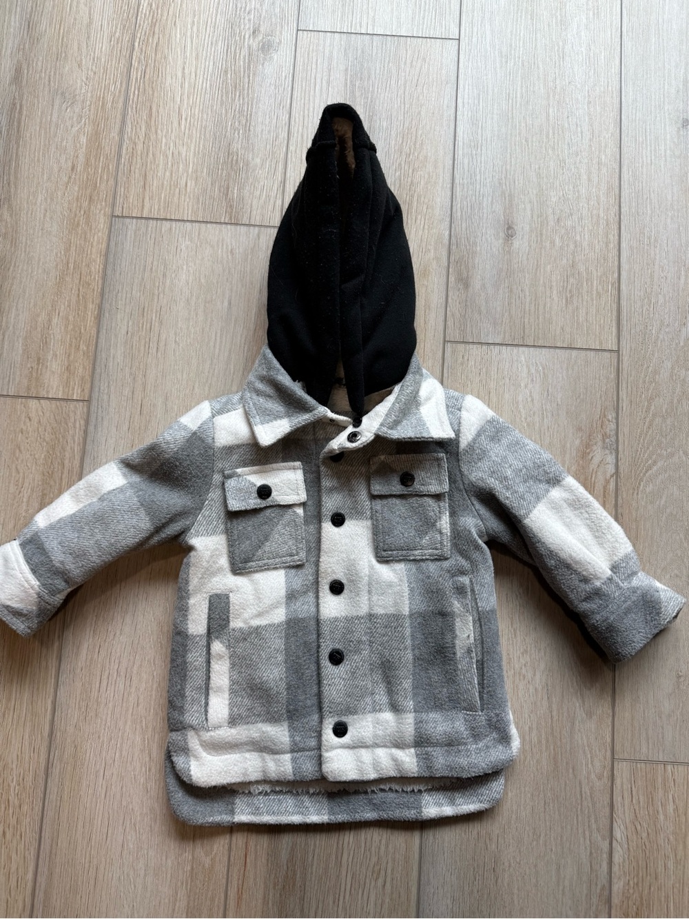 Children's Plaid Hooded Shacket in Gray and Cream